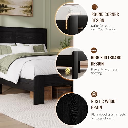 Image of Full Size Black Farmhouse Wood Bed Frame with Panel Headboard