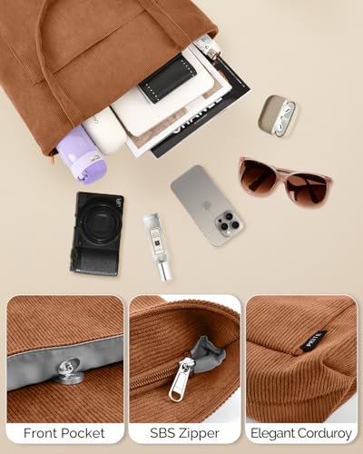 Image of Prite Corduroy Tote Bag for Women Large Shoulder Bag with Zipper and Pockets for College School Work Travel Shopping