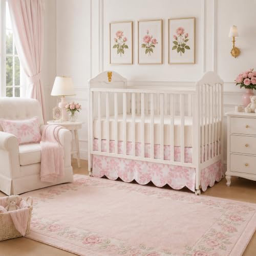 Image of Brandream Scallop Edge Organic Cotton Crib Skirt, Baby Girl Crib Skirt Toddler Bedskirt Farmhouse Chic Cottagecore Nursery Bed Skirt Fit Standard Cribs and Toddler Beds, 52 inchL x 28 inchW with 16-inch Drop