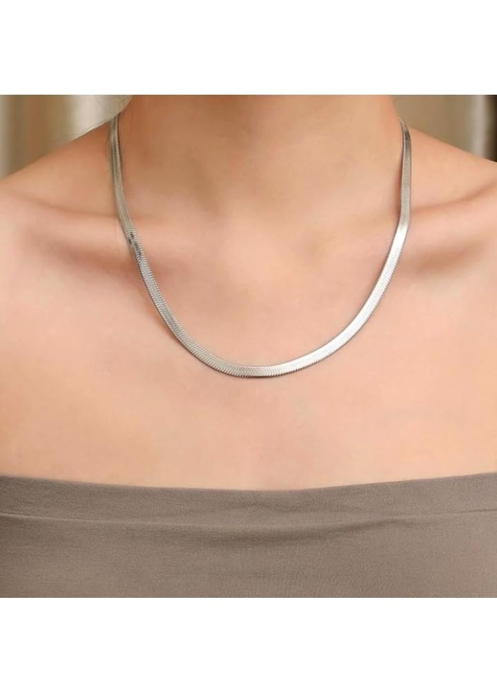 t trendy mart Anti-Tarnish Flat Snake Chain, Stainless Steel Herringbone Choker Necklace, Layering Chain for Women and Girls (silver color)-picture-18