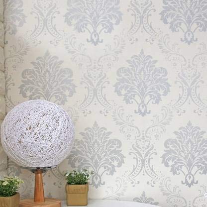 Image of Damask Design Wallpaper | Elegant and Timeless Wall Decor with Textured Finish | Peel-and-Stick and Traditional Options for Living Rooms, Offices, and Accent Walls (Silver-1000 x 45 cm - 45 sqft)