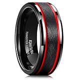 King Will 8mm Black Tungsten Rings for Men Women Mens Two Tone Wedding Band Cool Engagement Ring Two Red Centre Grooved Lines Beveled Edges Matte Brushed Comfort Fit Durable, Size 11