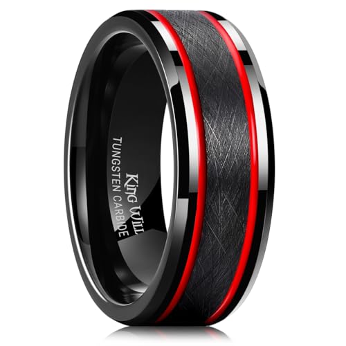 King Will 8mm Black Tungsten Rings for Men Women Mens Two Tone Wedding Band Cool Engagement Ring Two Red Centre Grooved Lines Beveled Edges Matte Brushed Comfort Fit Durable, Size 9.5