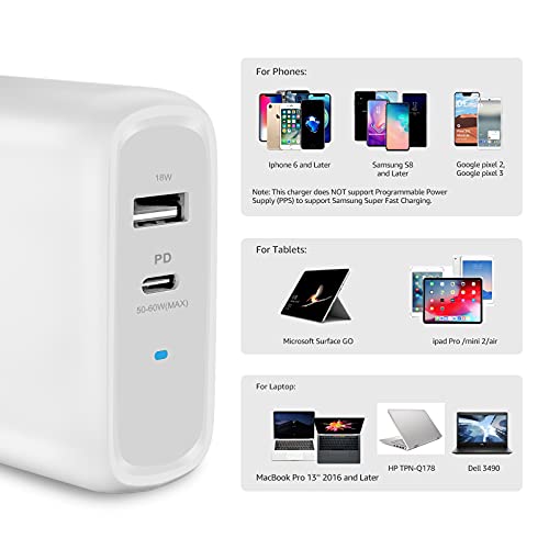 Image of Amazon Basics 68W Two-Port GaN Wall Charger with 1 USB-C (60W) & 1 USB-A Ports (18W) with PD for Laptops, Tablets & Phones (iPhone 16 /15 /14 /13 /12 /11 /X, iPad, MacPro, Samsung, More), Non-PPS, White