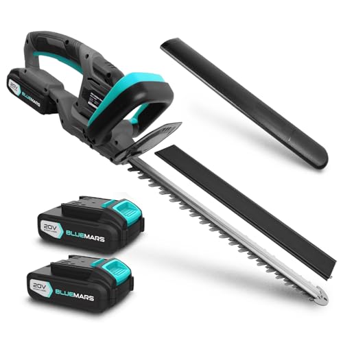 BlueMars 20V Cordless Hedge Trimmer & Cutter – Electric Hedge Trimmer for Hedges, Shrubbery, Bushes – Hedge Cutter Cordless for Garden – Included 2x 2.0AH Battery & Charger, Blade Cover, Storage Plate