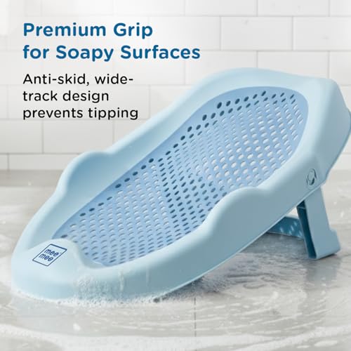 Image of Mee Mee Mini Spa Baby Bath Chair with Spine Support Shield & Adjustable Recline | Anti-Skid Base, Quick-Drain Mesh, BPA-Free Ergonomic Bath Seat for Newborns & Infants, Portable Design (Blue)