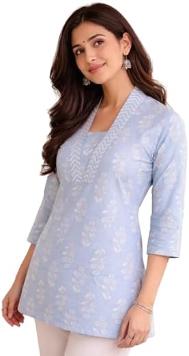Women's Cotton Straight Kurti, Printed Design, 3/4 Sleeve, Blue, Breathable Summer Kurta for Office Wear, Casual Daily Use...