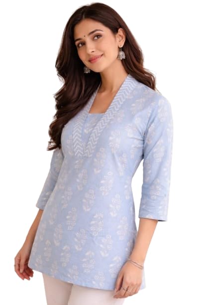 Women's Cotton Straight Kurti, Printed Design, 3/4 Sleeve, Blue, Breathable Summer Kurta for Office Wear, Casual Daily Use... - Review, Price and Buying Guide