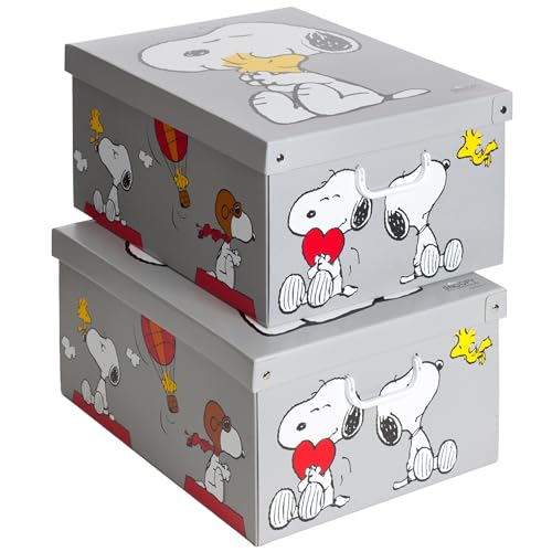 2er-Set Aufbewahrungsboxen mit Deckel für Kleidung und Wäsche, Snoopy Kiste Grau, Gross Karton Kleiderschrankboxen, saisonaler Wechsel, Geschenkkarton 50x39x24 cm