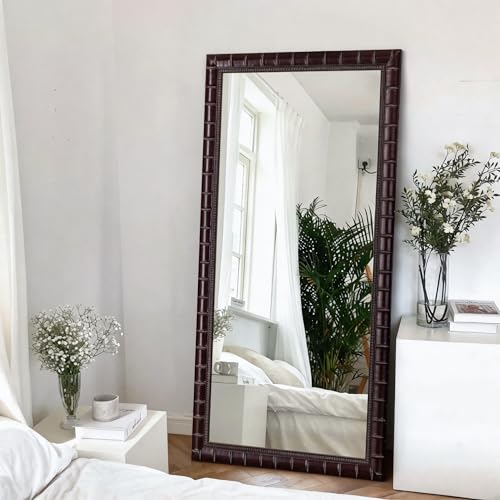 Image of 60'' x 30'' Large Brozne Mirror for Living Room, Antiuqe Wall Mirrors with Bamboo-Joint Frame, Classic Vintage Brozne Wooden Mirror for Entryway, Fireplace, Horizontal /Vertical