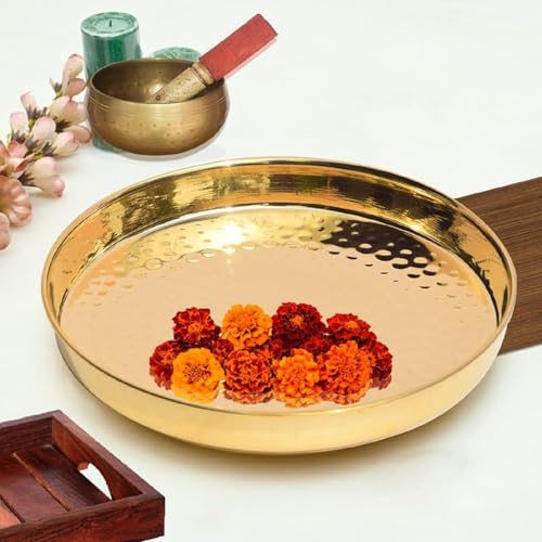 Image of Pure Source India Brass Hammered Thali /Tray, Pooja Thali, 1-Piece, Gold, Round, Pack of 1 (10 inch)