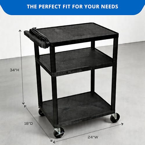 Image of FSE 373-LP34E-B 34 inch AV Cart, 3-Shelf Electric Utility Cart with 300 lb Capacity, 24 inch x 18 inch Molded Plastic Shelves, Built-in 3-Outlet Power Strip with 15' Cord, 4 inch Locking Casters, Black