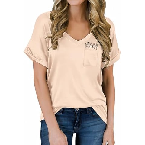 GLIGLITTR Women's Short Sleeve V-Neck Shirts Loose Fit Casual T-Shirt Wildflower Summer Tee Tops with Pocket(Apricot,XX-Large) Cover