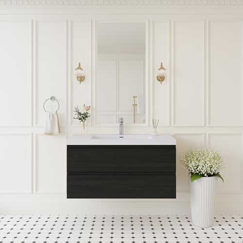 Image of KEIKI 42 inch Floating Bathroom Vanity with Sink, Pre-Assembled Wall-Mounted Vanity with Solid Surface Basin, Soft-Close Drawers, Modern Space-Saving Bathroom Cabinet, Black