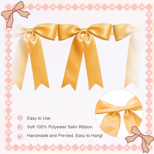 Image of 2 Strings of 16PCS Golden Bow Garlands Banner Decoration,Pre-Strung Satin Ribbon Ornaments for Birthday,Bachelorette Party,Bridal Shower,Wedding,Engagement,Baby Shower,Graduation Decor,Anniversary