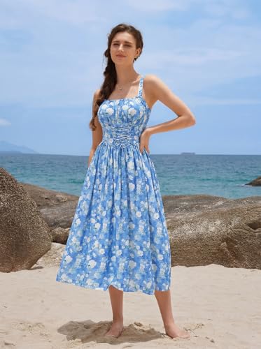 Scarlet Darkness Floral Dress for Women 2026 Corset Milkmaid Dresses Casual Summer Sundress with Pockets Blue Floral S — view 3