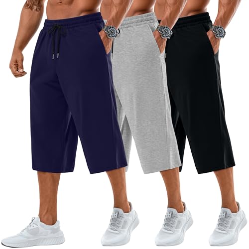 Neer 3 Pack Men's Baggy Capri Pants Plus Size Below Knee Casual 3/4 Shorts Big and Tall Summer Drawstring Pants with Pockets(Black, Light Mixed Gray, Navy Blue,3X-Large)
