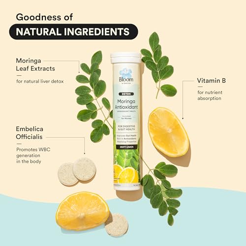 Image of Bloom by Bold Care Moringa Antioxidant Effervescent Tablets | 40 Effervescent Tablets (Pack of 2) | Natural Liver Detox and Gut Health | With Organic Moringa Leaf Powder | Lemon Flavour