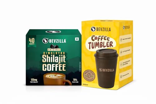 Image of Bevzilla Original Himalayan Shilajit Instant Coffee (40 Sachets) with Reusable Coffee Tumbler (350 ml) | Energy-Boosting Coffee