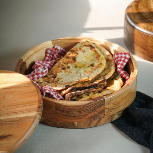 Image of Sanjeev Kapoor By OGGN Acacia Wood 9 x 9 x 3 Inch, Casserole for Roti Hot Case | Wooden Roti Box | Hot Case Casserole | Big Chapati Storage Box for Home & Kitchen - Premium Wood Elegant Design