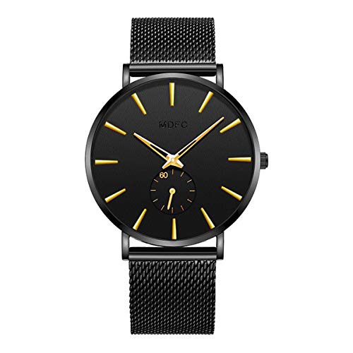 Preisvergleich Produktbild Herren Uhr schwarz Armband aus Stahl rostfrei Wasserdichte Armbanduhr ultradünnes Ziffernblatt Schlichtes Design - Männeruhr (Gold)