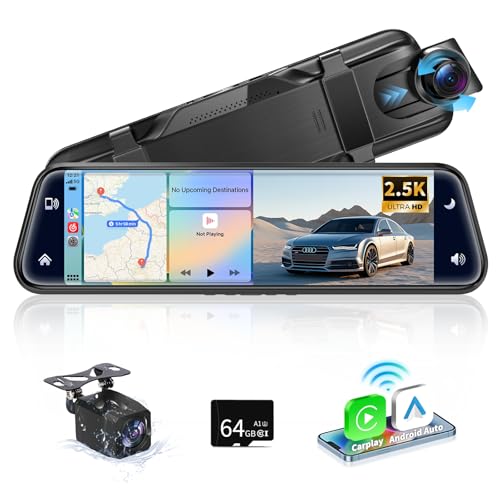 Alpinetech Rückfahrkamera Spiegel mit Wireless CarPlay Android Auto, 9,66 Zoll 2,5K Dashcam Spiegel mit Einparkhilfe Loop-Aufnahme Bluetooth AUX 64G SD-Karte HD Touchscreen, Schwarz