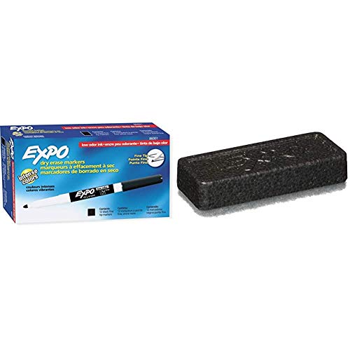 EXPO 86001 Low Odor Dry Erase Marker, Fine Point, Black (Pack of 12) & 81505 Block Eraser Dry Erase Whiteboard Board Eraser, Soft Pile, 5 1/8 W x 1 1/4 H - Pack of 1