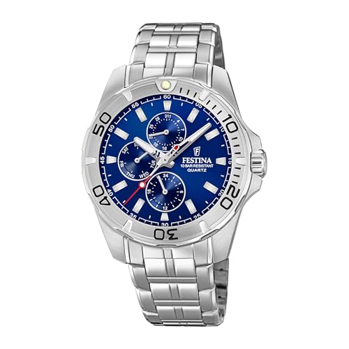 Festina Montre Homme Analogique en Acier Inoxydable 316L Argenté - Mouvement Quartz - Verre Minéral Haute Résistance - Étanche 10 ATM - Casual - Multifonction...