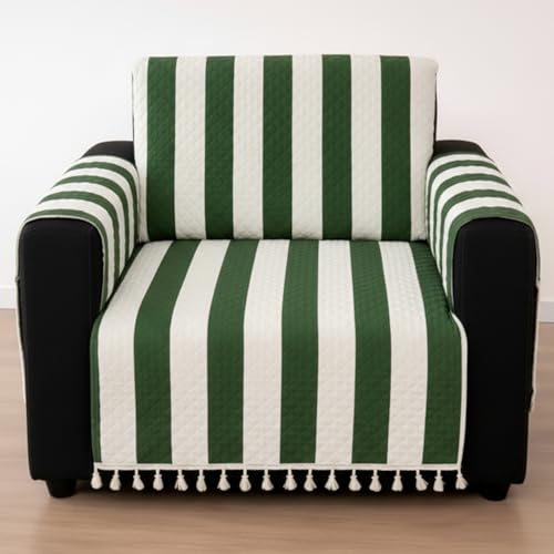 Image of House of Quirk IKATRA Series Quilted Printed Sofa Cover for Indian Sofa Set with Side Pocket - Premium Washable, Anti-Slip, Durable & Ultra Soft Fabric Protector (Evergreen Stripe, One Seater)