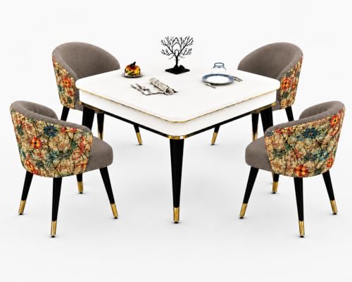 Image of WOODEN SPACE 4 Seater Wooden Dining Table Set | Urban Marble Top Dining Table with Chairs for Dining Room & Kitchen (Modern Classic Print Brown) (42 x 42 x 30 inch)