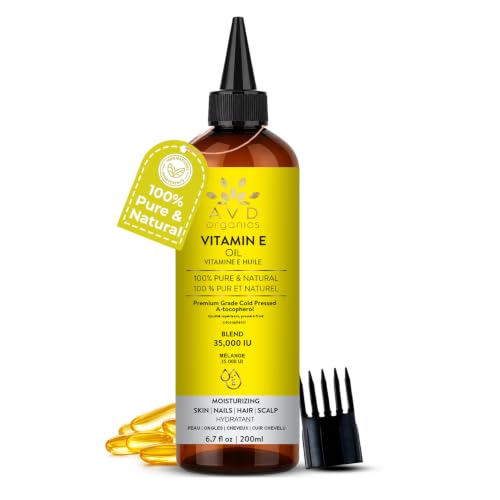 AVD ORGANICS Pure Vitamin E Oil for Skin, Scars, Hair &amp; Face - 30,000 IU |100% Pure and Natural A Tocopherol | For Face, Hair &amp; Nail moisturiser | Cold Pressed Hexane Free | 6.7 fl oz (200ML)
