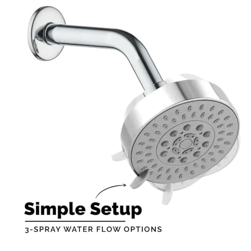Image of HOUZA Square Shower Head for Bathroom | 4 Inch 3-Function Overhead Shower with Arm | Adjustable Bathroom Shower with Even Water Flow & Rust Resistant | Anti-Clog Silicone Nozzles for Wall Mounting