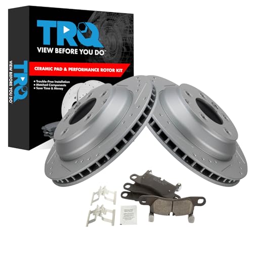 Image of TRQ Performance Rear Brake Pad and Rotor Set Ceramic Coated Drilled Slotted Rotors Compatible with 2011-2018 Porsche Cayenne 2011-2017 Volkswagen Touareg