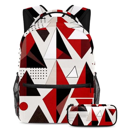 Sac à dos école géométrique rouge avec trousse pour ado fille garçon