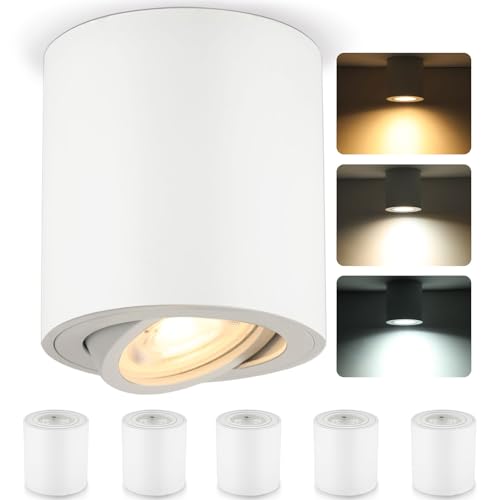 6 LED Foco de Techo Interior Recibidor Blanco Orientable 3000K / 4000K / 6000K, 6.5W Focos Superficie Gu10 Regulable Cilindro Aluminio, Aplique Techo Ceiling Pasillo Hallway 230V 550LM, Cilindrico