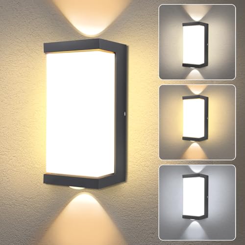 JaneYi LED Wandleuchte Innen Aussen 3 Lichtfarben Einstellbar 3000K-6500K Up and Down Leuchte Außen IP65 Wasserdicht Wandlampe Moderne Außenbeleuchtung für Hauswand Flur Treppenhaus Garten - Schwarz