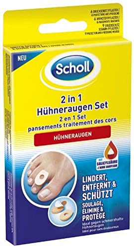Scholl Hühneraugen Set An Füßen - Zur Linderung Schmerzlinderung Und Entfernung Schmerzvoller Hühneraugen Mit Salicylsäure 6 Wirkstoffpflaster 6 Druckschutz Schaum-Pflaster 9 Druckschutz Pflaster
