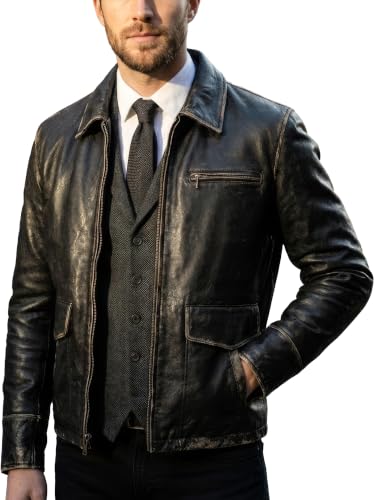 Image of Mens Leather Jacket Black | Real Leather Biker Jacket With Distressed Exterior | Motorcycle Clothing