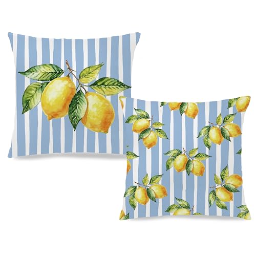 Image of Summer Blue and Yellow Italian Mediterranean Amalfi Coast Lemon Pillow Cover Decor 18x18,Italian Striped Decorative Throw Pillow Cover Decor for Couch Double-Sided Set of 2