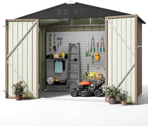 Image of Greesum 8x6FT Outdoor Storage Shed, Utility Tool Shed with Sloping Roof, Metal Storaged Garden Shed with Door & Lock for Patio Storage, Brown
