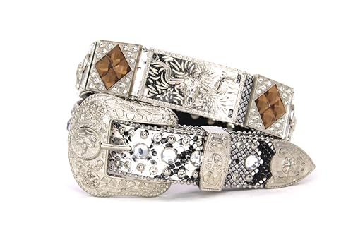 Genuine Leather Belt for Women & Cowboy Big Rhinestone With Engraved Buckle Country Style Silver
