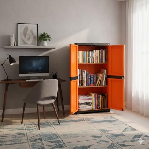 Image of Cello Novelty Big Bookshelf, Orange & Brown | 2 Dustproof Doors | Space Saving Cupboard | Plastic Book Shelf | Multipurpose Book Shelf for Home, Office | Book Organizer for Library