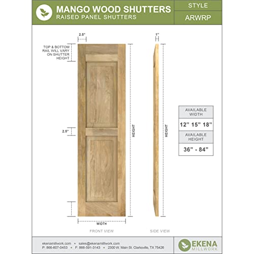 15\"W x 72\"H Americraft Two Equal Raised Panel Exterior Real Wood Shutters (Per Pair), Unfinished