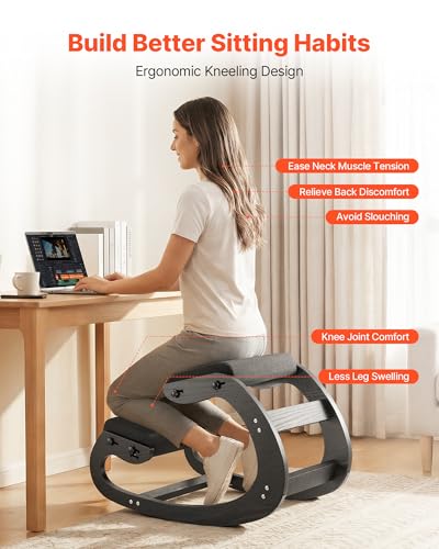 Image of VEVOR Ergonomic Kneeling Chair, Wooden Posture Knee Chair with Adjustable Thick Foam Cushions & Solid Wood Frame, Adjustable Height, Relief for Neck or Back Pain for Home, Office or Meditation, Black