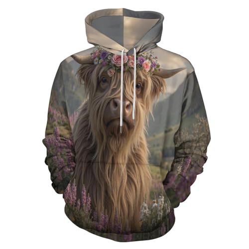 Pull de décontracté avec poches sweat à capuche imprimé 3D bovins écossais mode cocooning