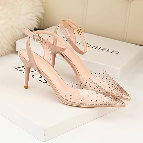 LUXINYU,Women Pointed Toe Heels Fashion Elegant Transparent Rhinestone Strap Ladies Pumps Heeled Dress Sandals Shiny Stiletto Hollow Comfort Work Shoes3