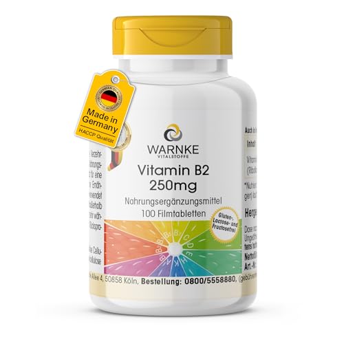 Vitamin B2 250mg - 100 Tabletten - schluckfreundlich - 250mg Vitamin B2 pro Tablette - Riboflavin - HOCHDOSIERT - Deutsche Apothekenqualität - vegan | Warnke Vitalstoffe