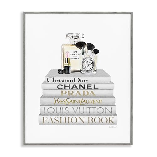 Image of 'Bookstack with Makeup Accessories'| Framed Giclee Art | Stupell Industries | Gray, 24 x 30 Inches, Easy to Hang and Sturdy, Made in USA, by Amanda Greenwood
