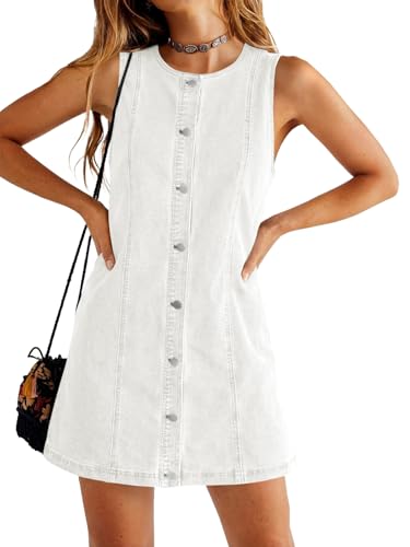Yousify Womens Sleeveless Denim Overalls Dresses Summer Button Down A Line Jean Mini Romper Dress with Pockets