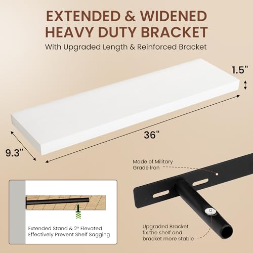Image of Dreamland 36 Inches Floating Shelves for Wall, 9.3 inch Deep Long Floating Shelves Set of 2, Large Display & Storage Shelf, Wall Shelf for Bathroom Bedroom Living Room Kitchen Office, White